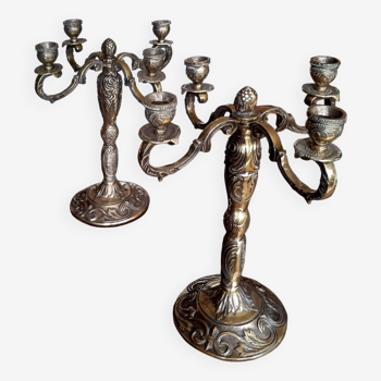 Pair of large 4-branched candlesticks in gilded bronze