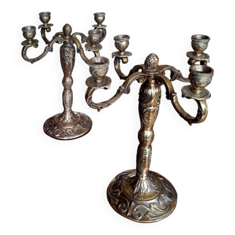 Pair of large 4-branched candlesticks in gilded bronze