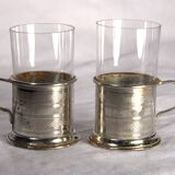 Set of 2 antique metal-rimmed tea glasses with handle, 5x7cm.