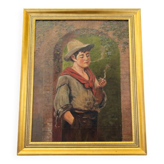 Antique painting - Oil on canvas "The Young Smoker" - Signed - Gilded frame 19th century