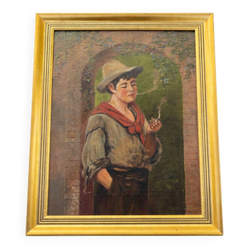 Tableau ancien - Huile sur toile "Le jeune fumeur" - Signé - Cadre doré XIX
