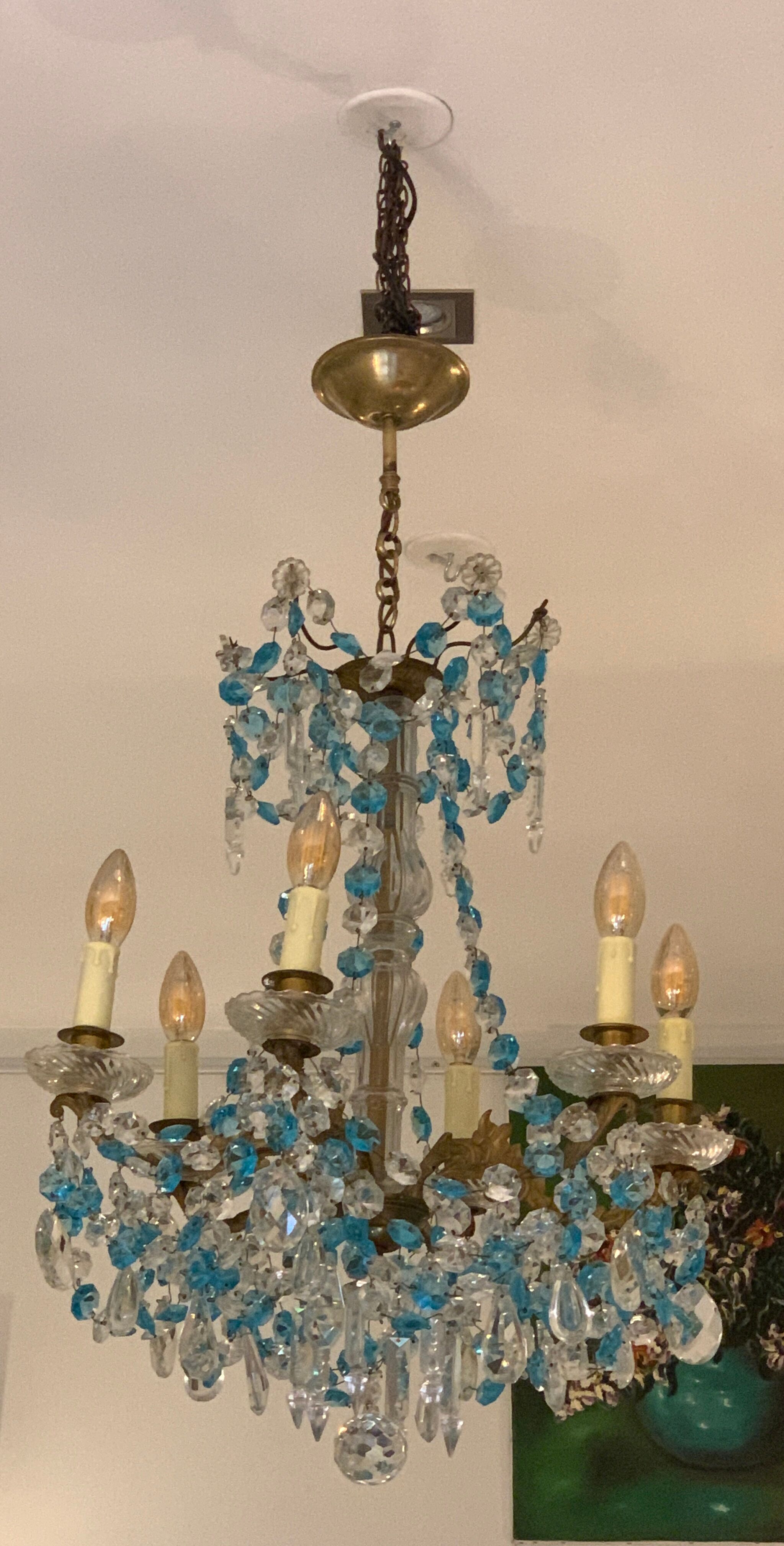 Chandelier with blue crystal pimples, 6 lights, Baccarat, 1950, art nouveau style