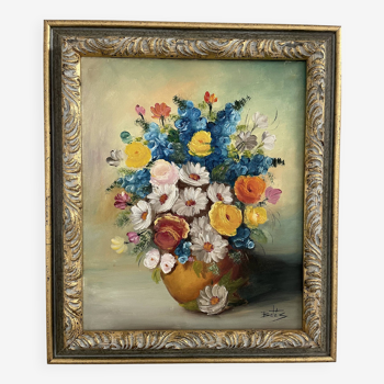 Oil painting, still life with bouquet, flowers, signed betez, floral decor, wooden frame, art