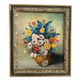 Oil painting, still life with bouquet, flowers, signed betez, floral decor, wooden frame, art