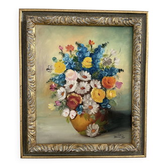 Oil painting, still life with bouquet, flowers, signed betez, floral decor, wooden frame, art