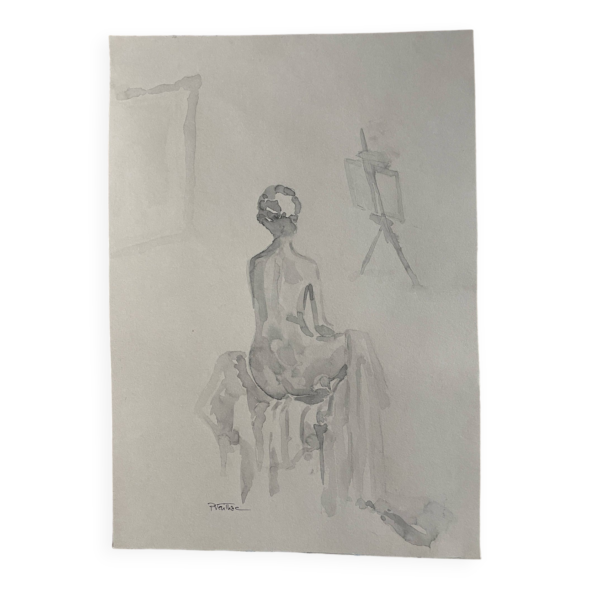 Painting signed monochrome sepia watercolor “female model in the workshop”