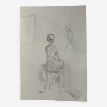 Tableau signé aquarelle monochrome sépia « modèle féminin dans l’atelier »