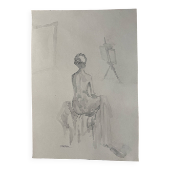 Painting signed monochrome sepia watercolor “female model in the workshop”