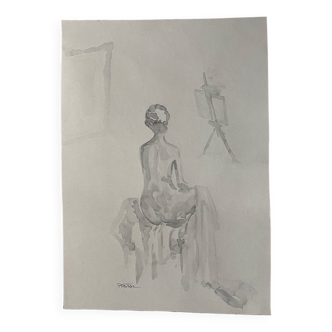 Tableau signé aquarelle monochrome sépia « modèle féminin dans l’atelier »
