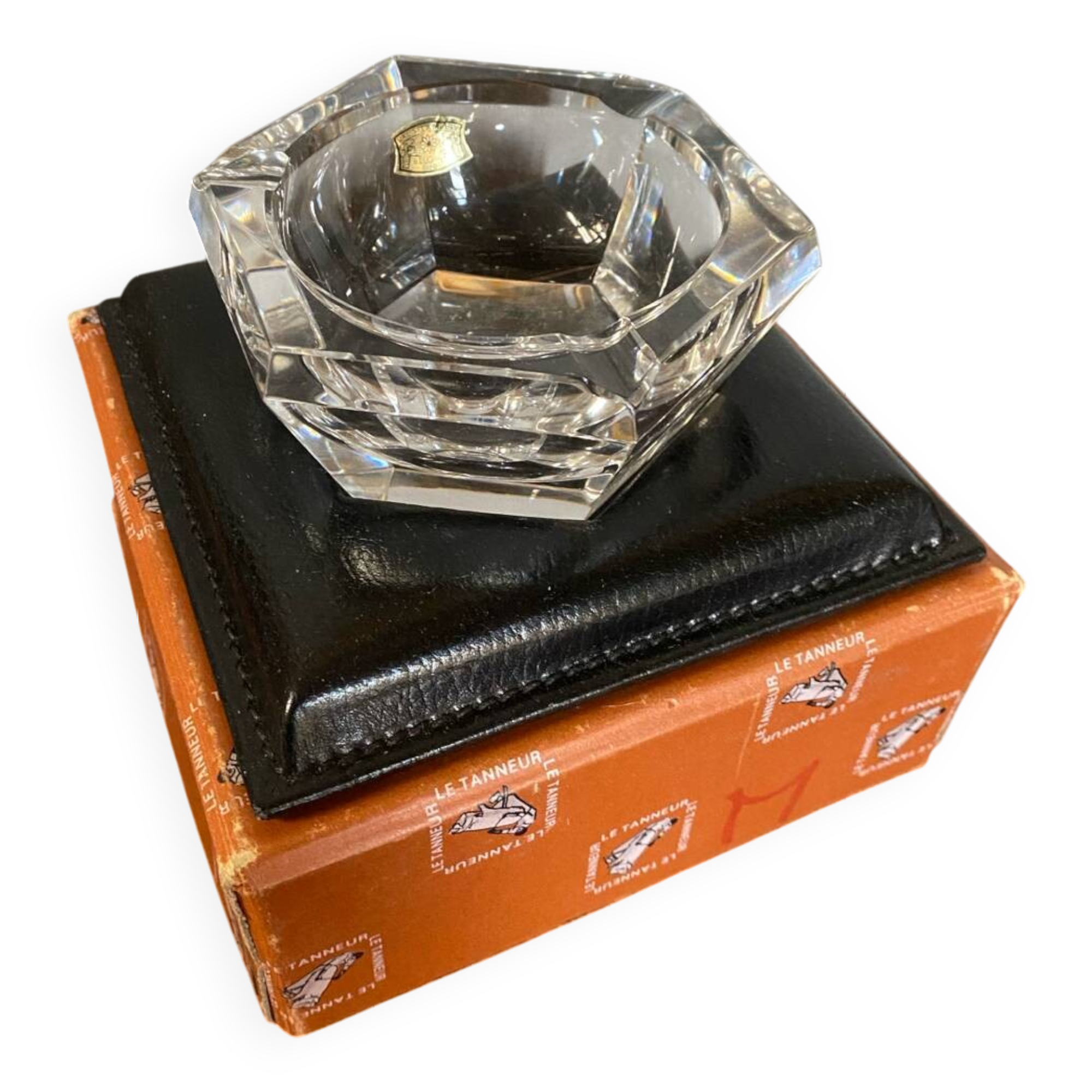 Old Val St Lambert Crystal Ashtray + Le Tanneur Leather Holder + Box