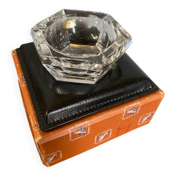 Ancien Cendrier Val St Lambert Cristal + Support Cuir Le Tanneur + Boîte