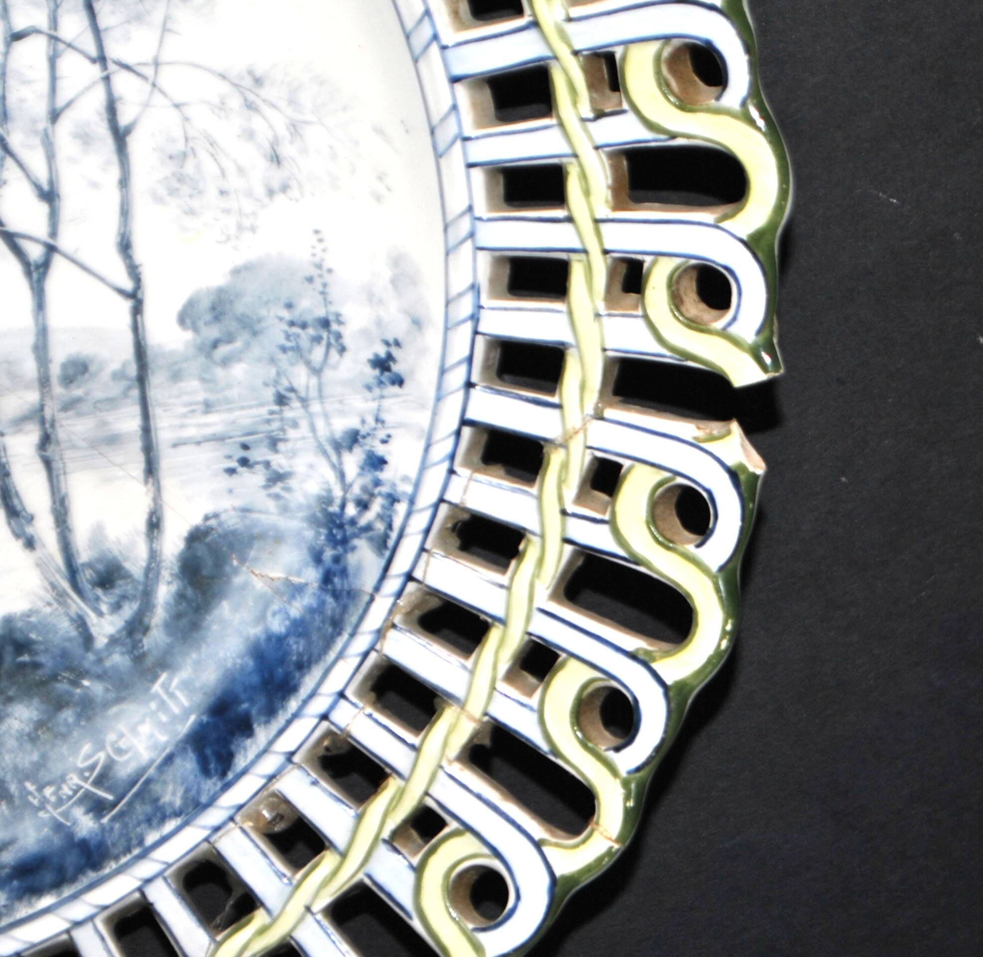 Painted collector's plate with openwork edge epinal by henri schmitt 1900