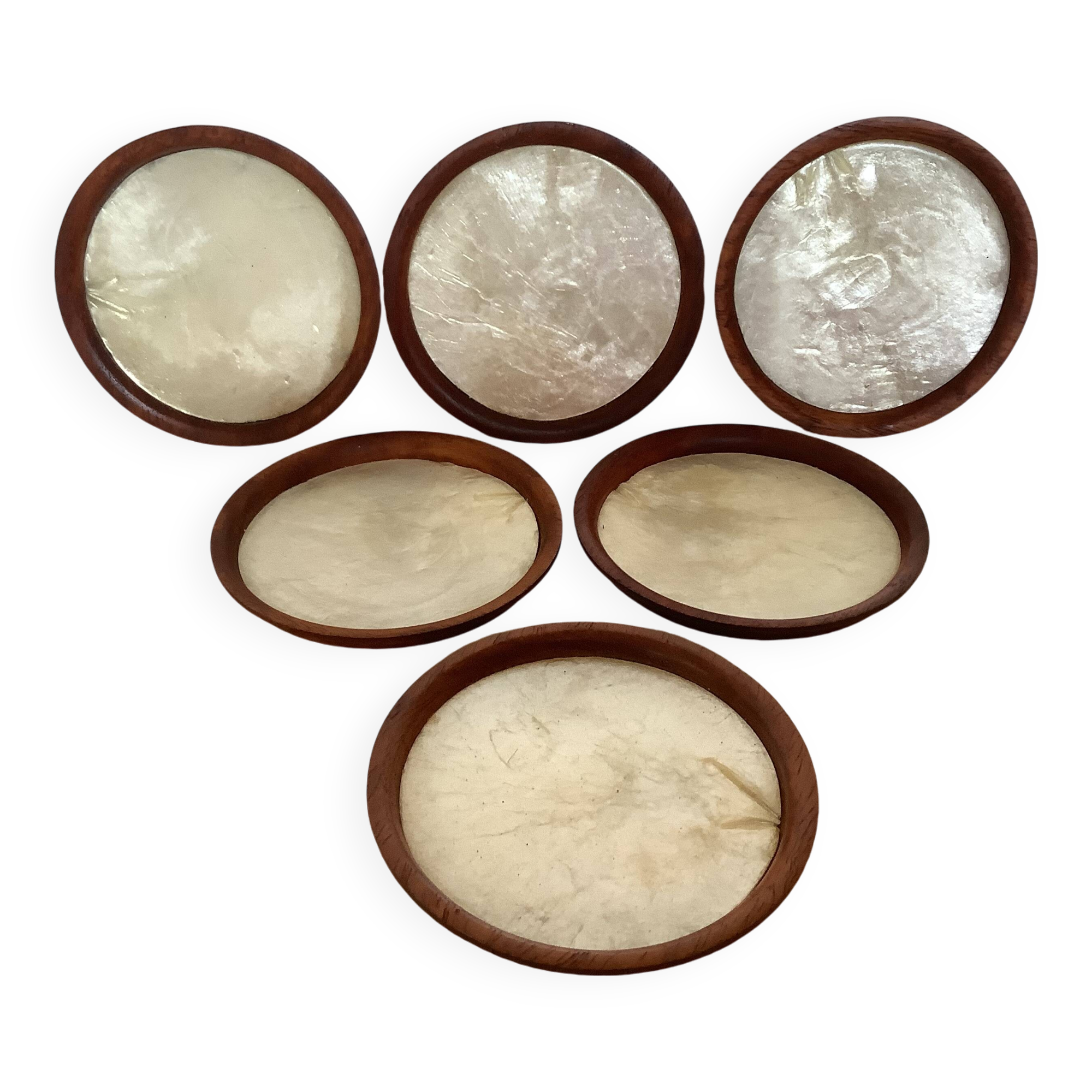 Six mother-of-pearl teak wood coasters