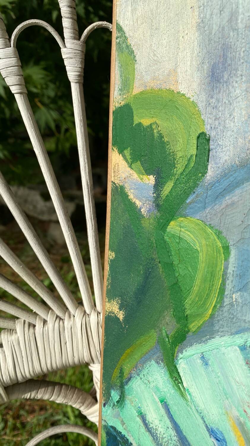 Still life with bouquet and fan, painting on canvas.