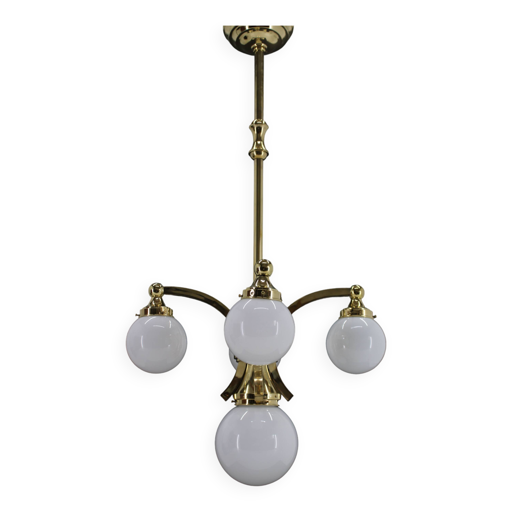 1930s Restored Brass Chandelier, Czechoslovakia