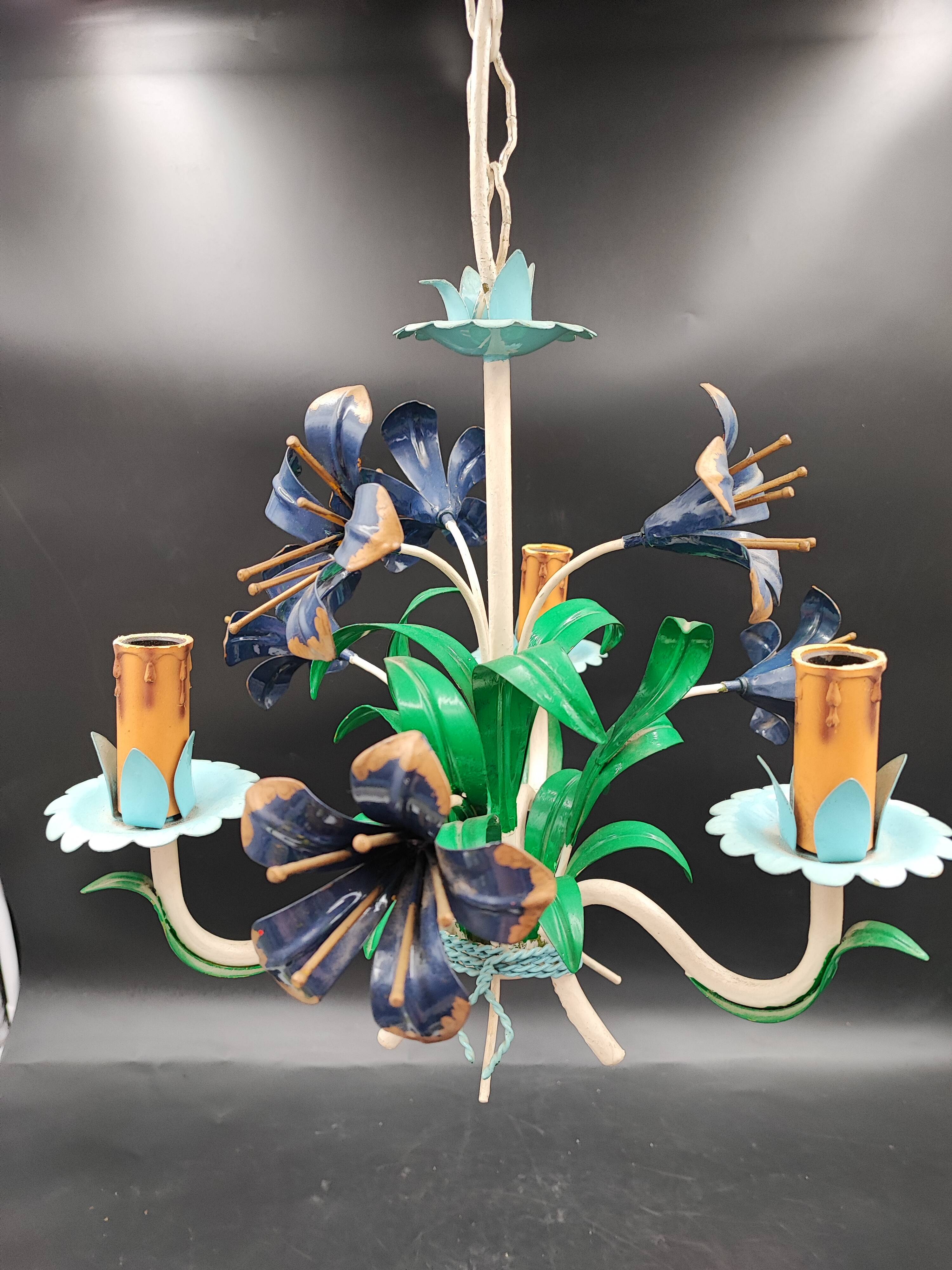 Chandelier metal flowers polychrome three arms vintage