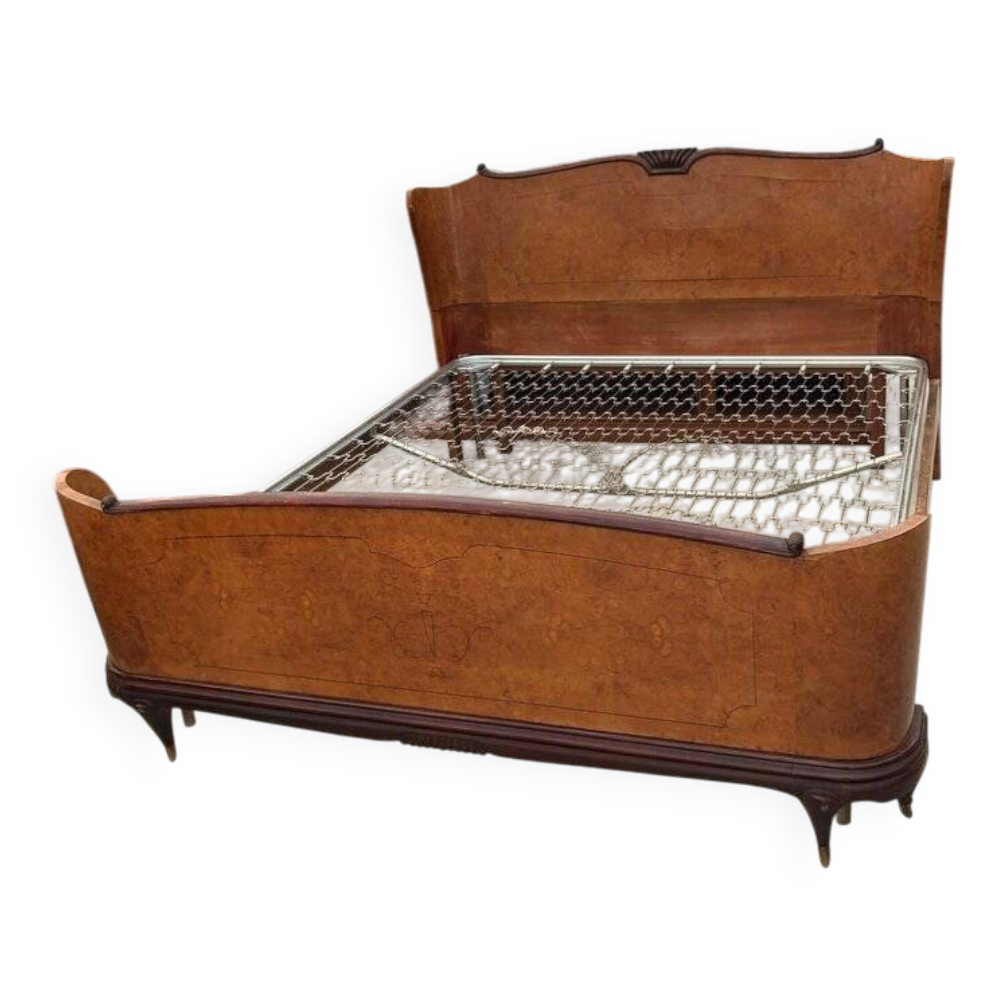Brown lacquered wooden double bed frame in Mid-Century style from the 1940s.