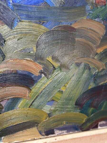 Original mid-century Swedish oil on canvas – “Scene” by Gösta Falck – vintage & framed – 73 × 64 cm