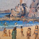 Old beach painting Perros Guirec 1952
