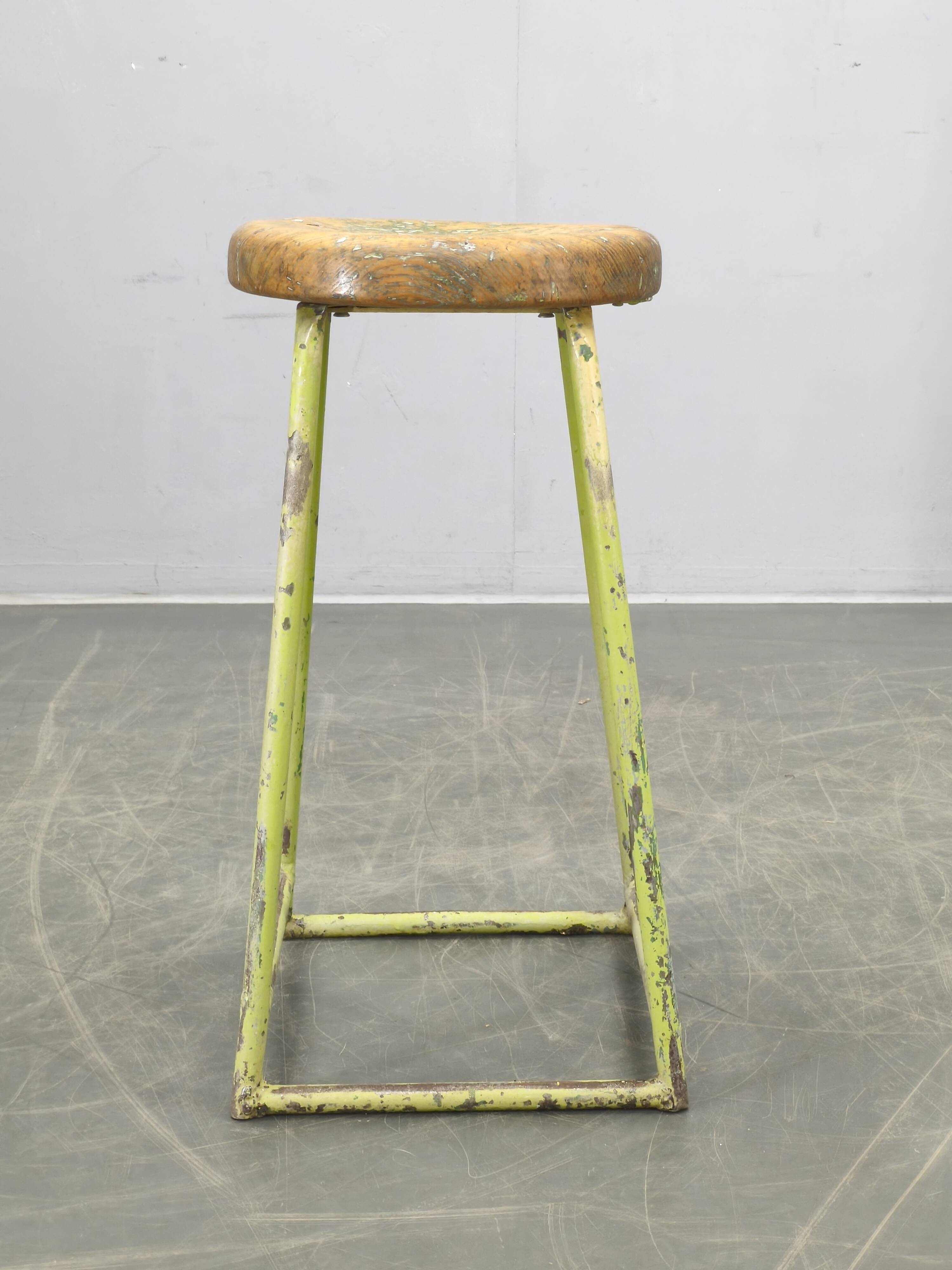 1940s Czech Industrial Stool with Pine Seat and Green Patina