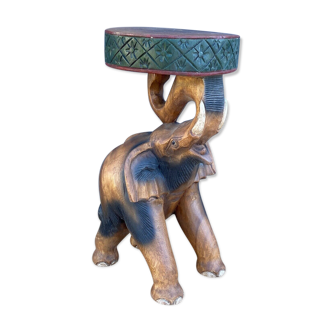 Tabouret elephant trompe levee bois sculpte polychrome africaniste 1970