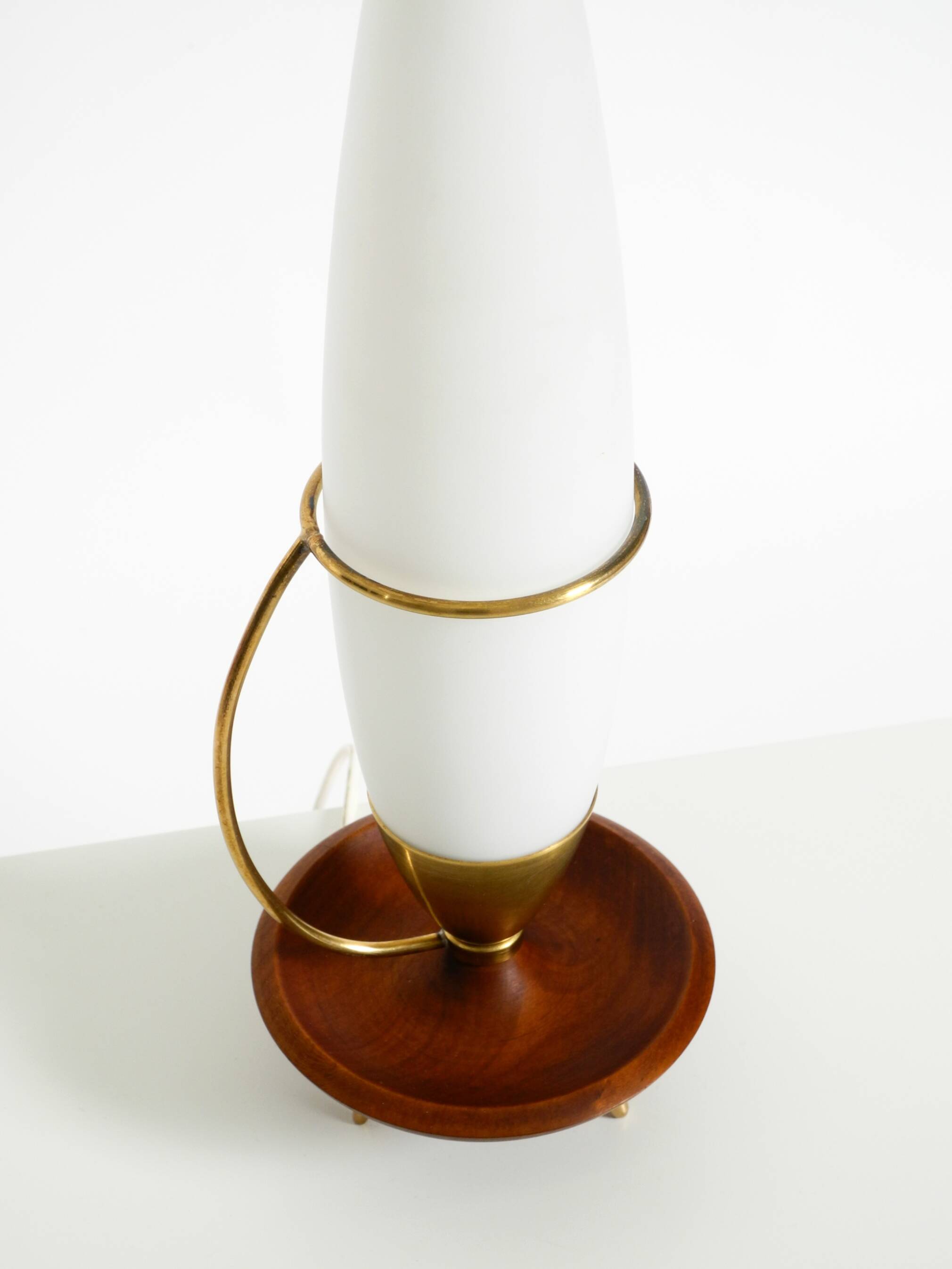 Large 1950s table lamp made of brass and teak, with a frosted glass shade