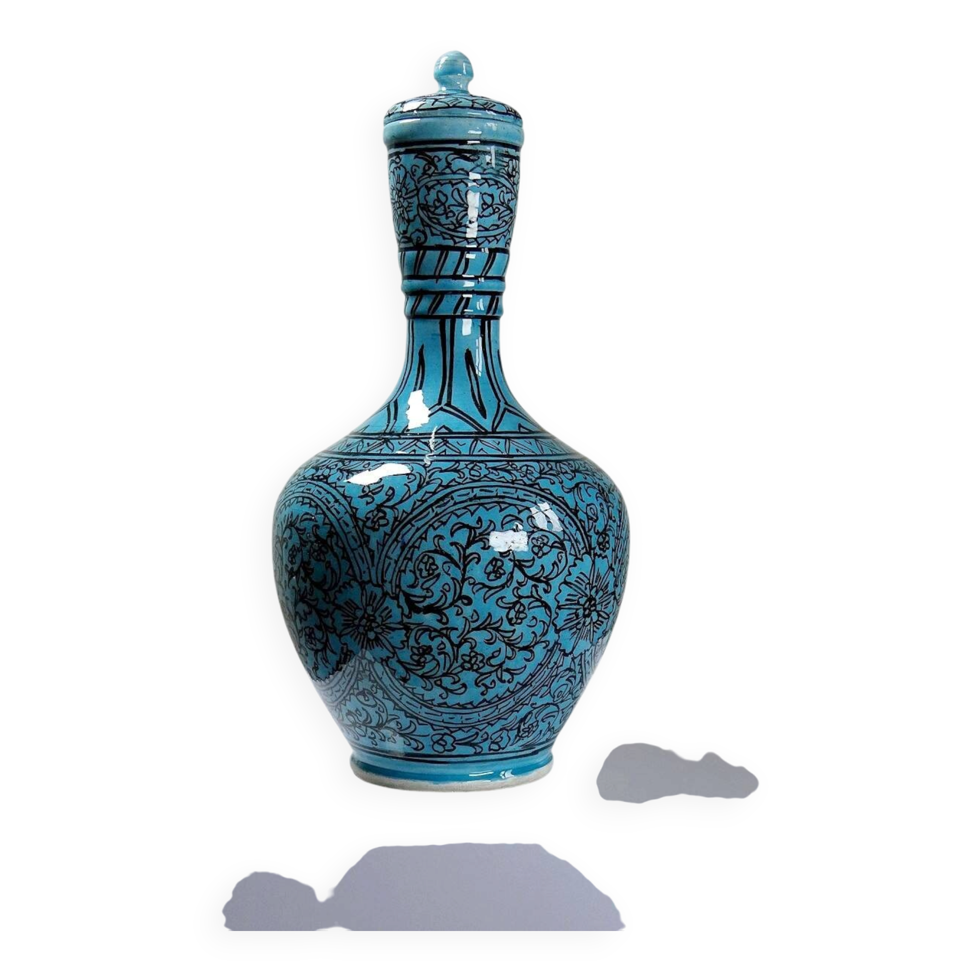 Covered vase or Persian jar, glazed Iznik pottery, vintage turquoise painted.