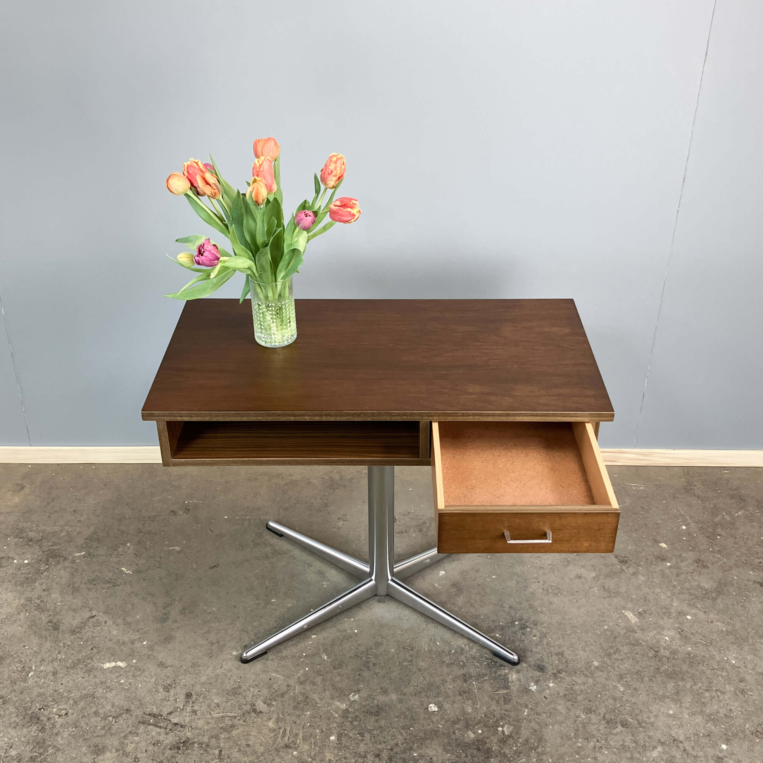 Swivel TV stand/side table, chrome frame with dark walnut, 1970s