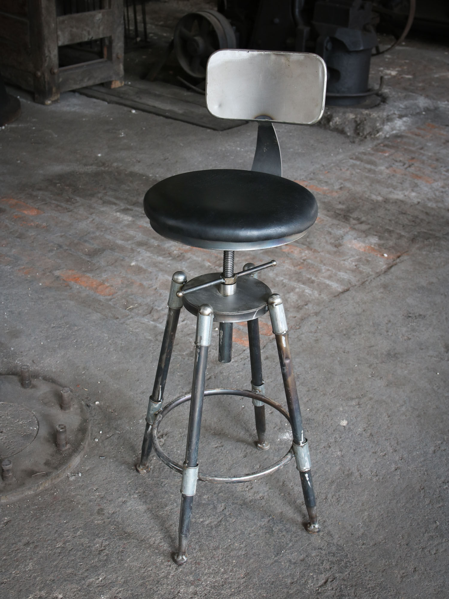 Vintage industrial metal & leather swivel bar stool