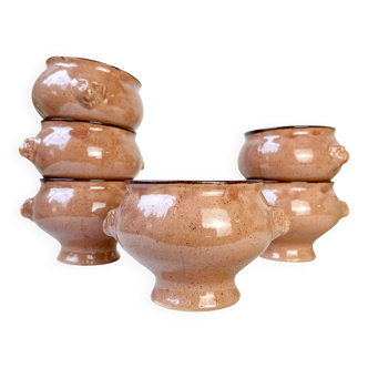 6 vintage lion head onion soup bowls – speckled beige stoneware