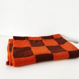 Vintage hand-knitted wool vichy blanket 110x88.