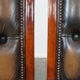 Set of 2 Green Leather English Chesterfield Armchairs Combined with wood