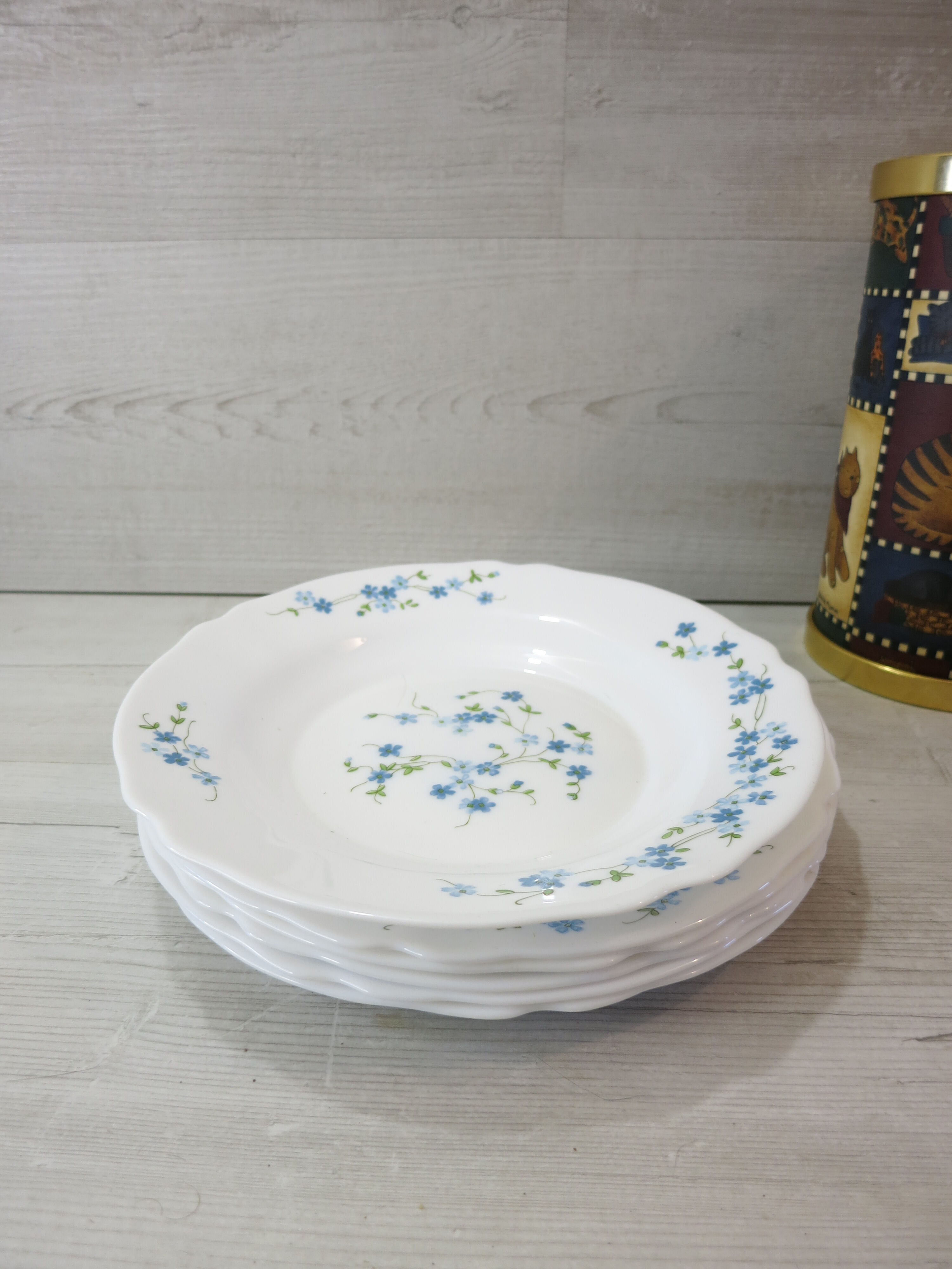 Lots de 5 d'assiettes et 1 assiette creuse , VERONICA  , Arcopal au motifs "Fleurs bleu Myosotis"