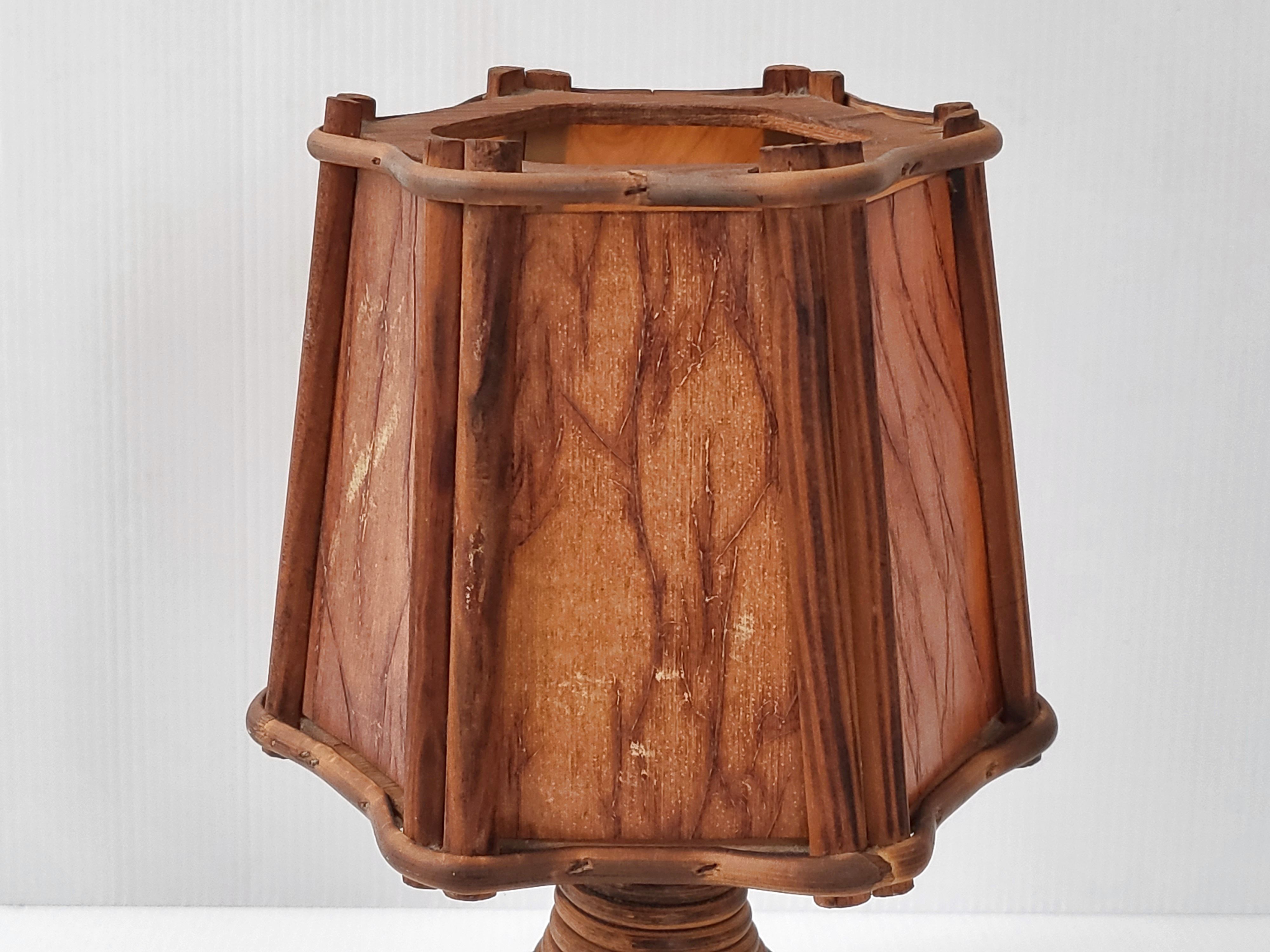 Lampe vintage 1960 bois & rotin
