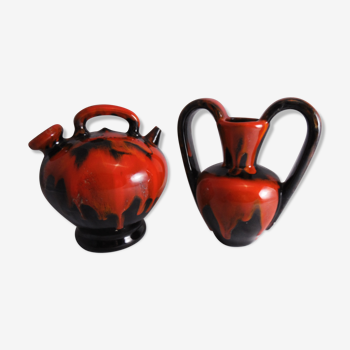 Vase Vallauris vintage et gargoulette vallauris noir et rouge années 70