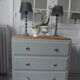 Compass feet vintage gray green, 3 drawers, wooden tray.