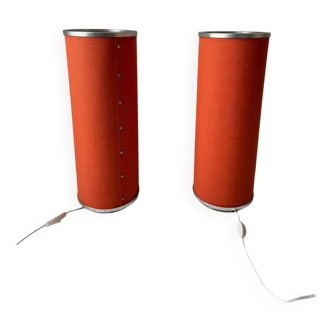 Duo of orange linen fabric lamps