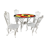 Tables et chaises jardin fer forgé blanc et mosaïque