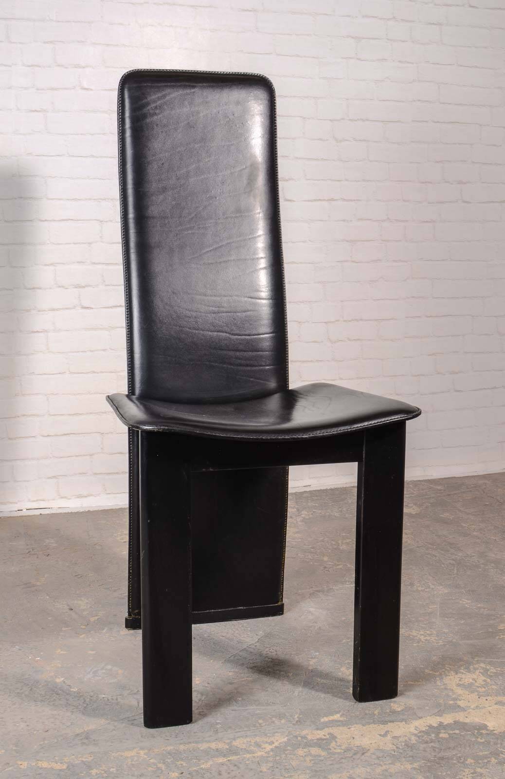 Cidue Style Black Sadle Leather High Back Italian Design Dining Chairs 70s