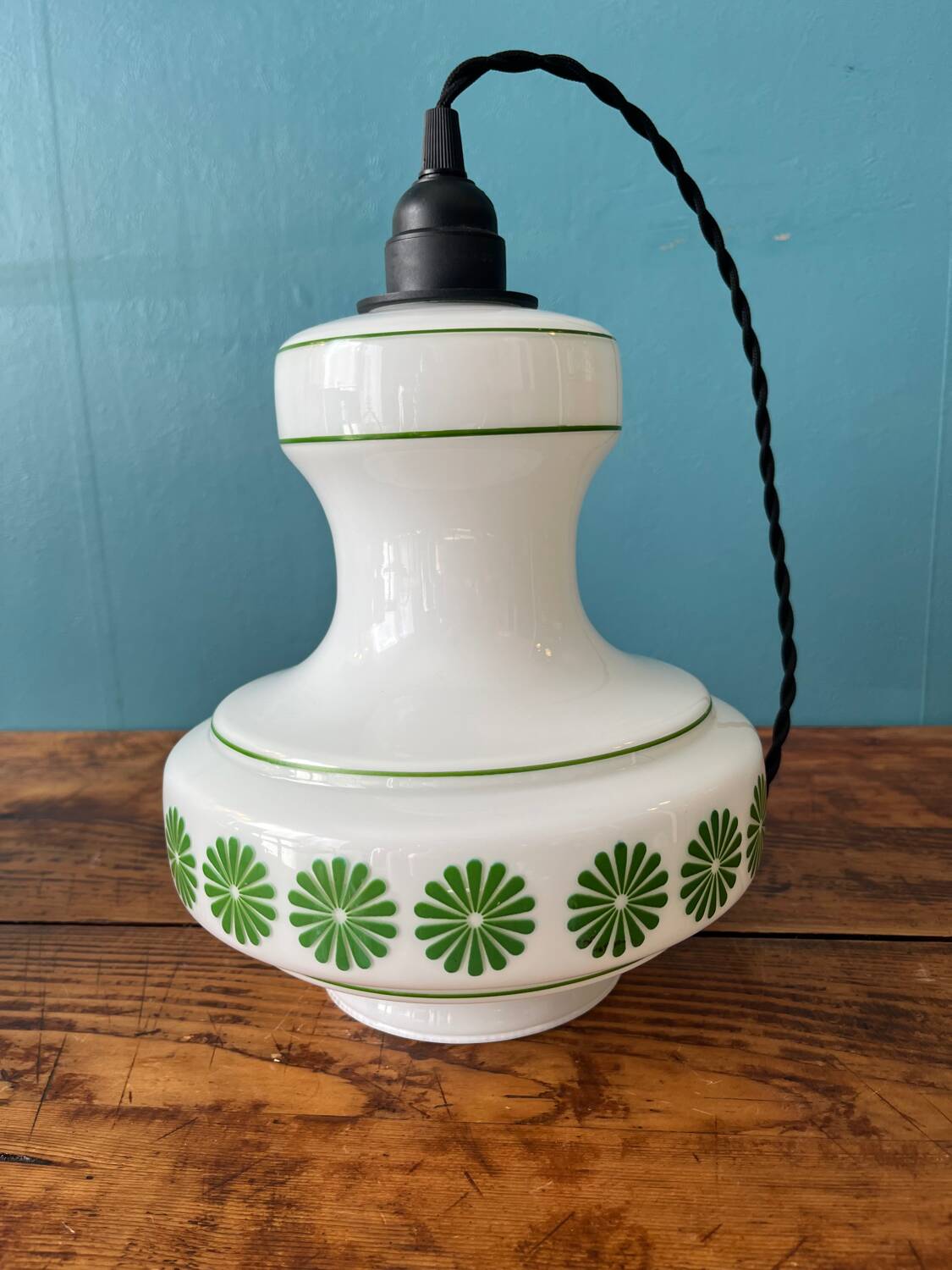 80s pendant light with white and green flower pattern
