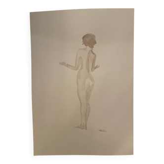 Signed painting monochrome watercolor sepia female portrait "offering"