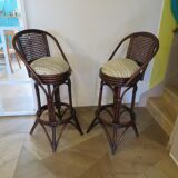 Set of 2 swivel bar stools / chairs - wood - cane - rattan - 80s