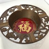 Vietnamese ashtray in openwork brass of plants (prunus, bamboo, orchid and pine) and enamelled metal