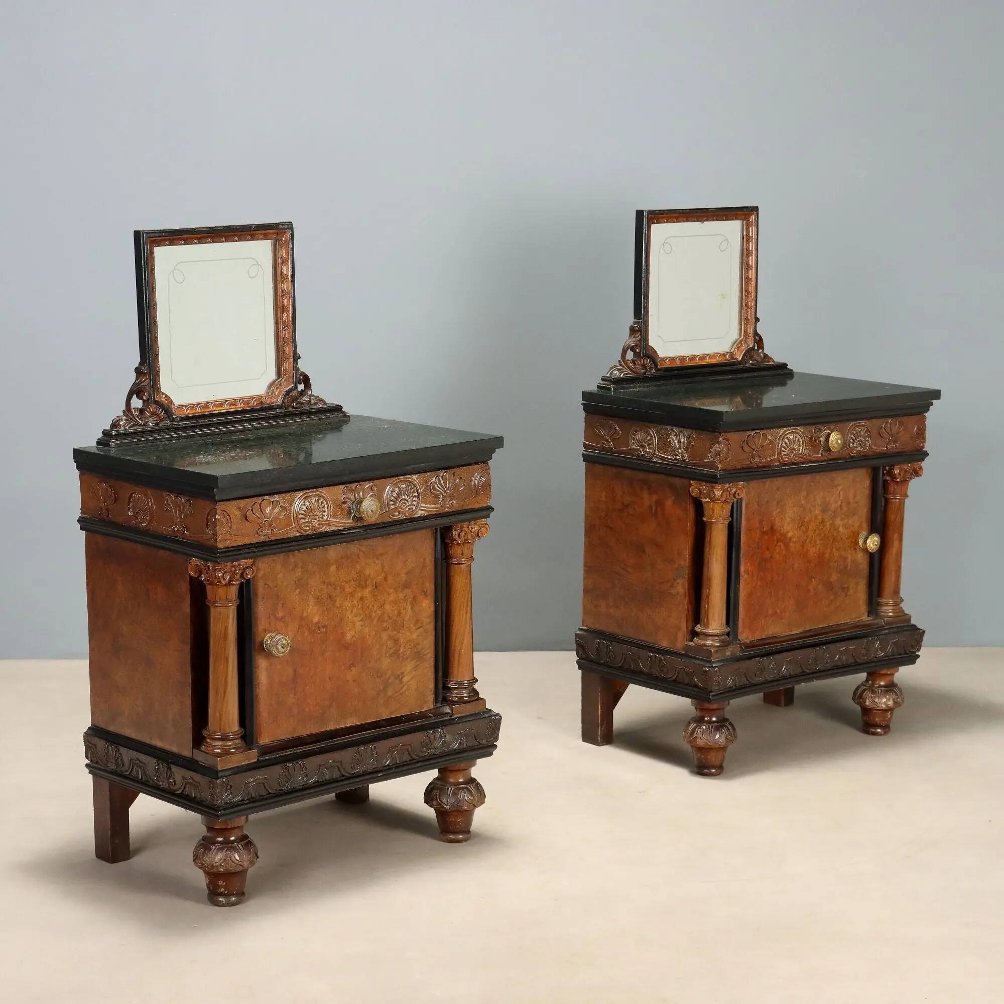 Antique walnut bedside tables with marble and burl, Italy, 20th century.