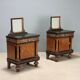 Antique walnut bedside tables with marble and burl, Italy, 20th century.