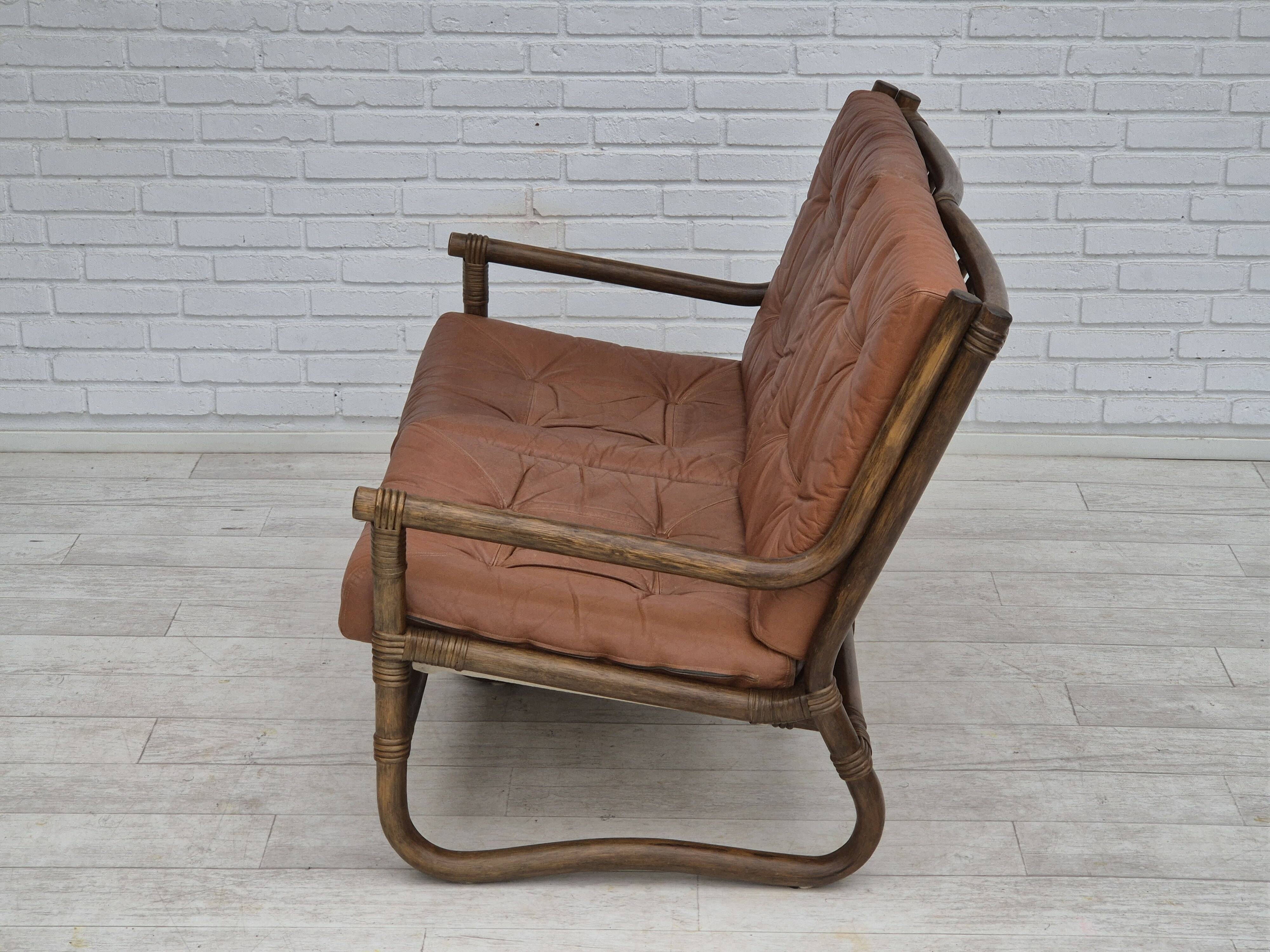 1970s, Scandinavian 2 seater sofa, original very good condition, bamboo, leather.