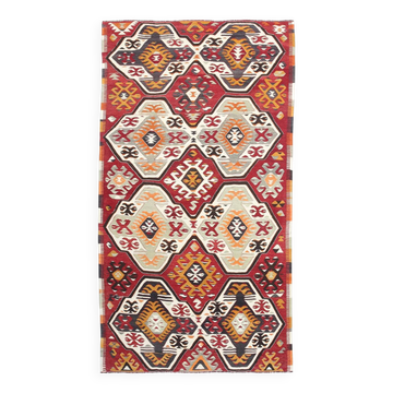 5x9 Faded Red Bohemian Kilim Rug, Wool Handknotted Rug, 148x259