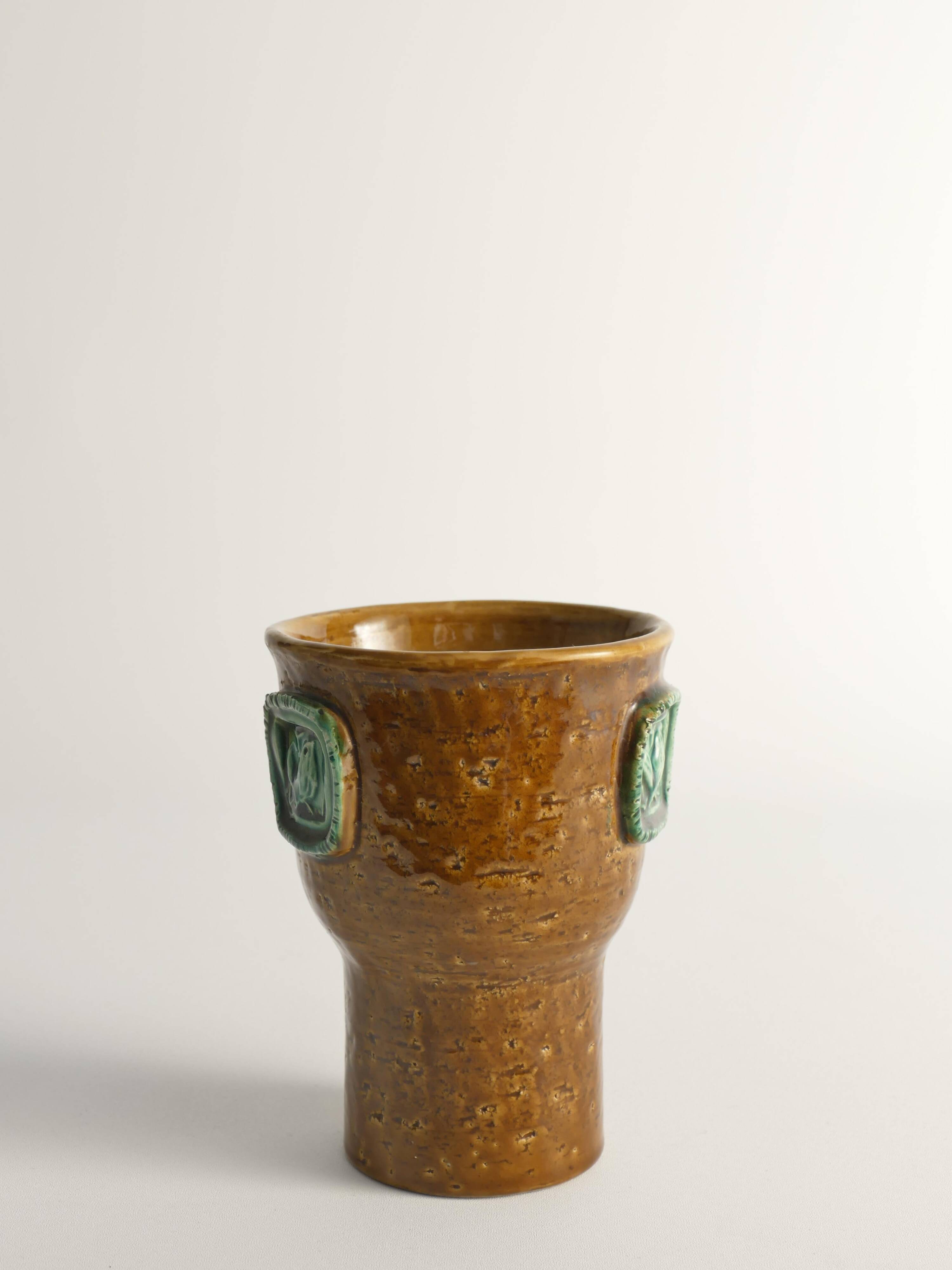 Vase en grès brun moutarde avec des oiseaux vert céladon par Aldo Londi pour Bitossi
