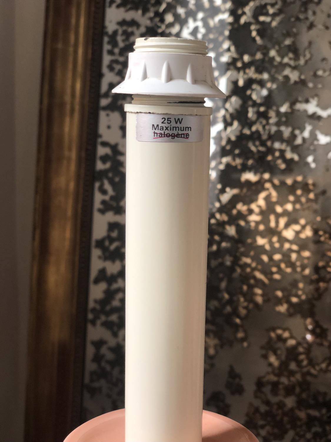 Pair of vintage salmon pink candlestick shaped ceramic lamp bases