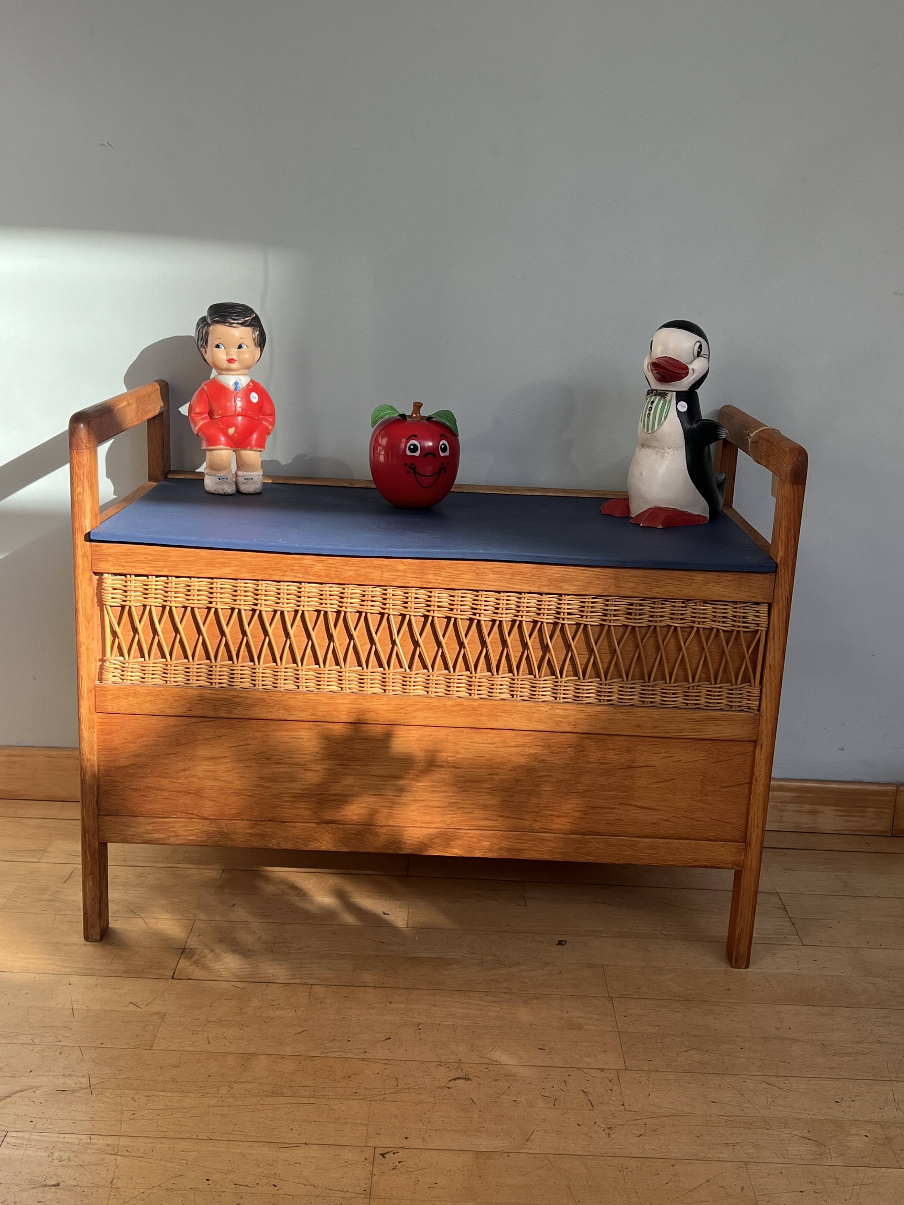 Vintage wooden and rattan toy chest